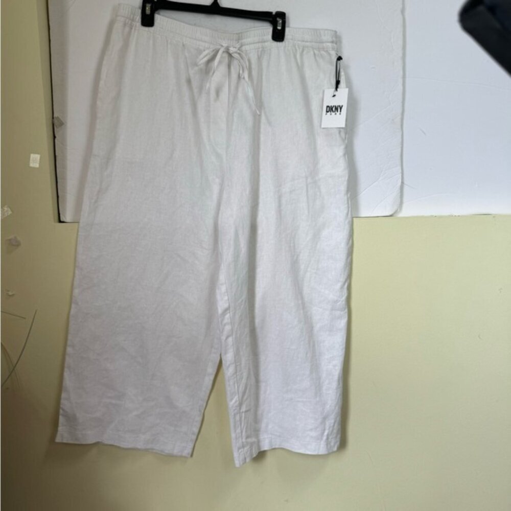 DKNY Pure NEW Linen Cotton XL Wide Leg Pockets PullOn Pant Crop Light Minimalist - Picture 2 of 11
